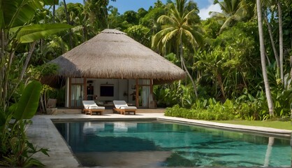Peaceful thatched house surrounded by greenery and wildlife on tropical island