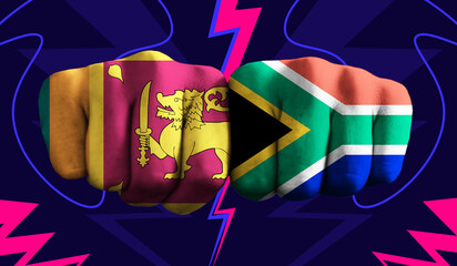 Sri Lanka VS  South Africa T20 Cricket World Cup 2024 concept match template banner vector illustration design. Flags painted on hand with colorful background