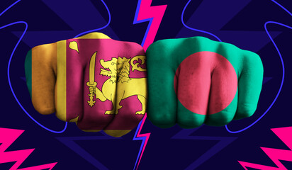 Sri Lanka VS Bangladesh T20 Cricket World Cup 2024 concept match template banner vector illustration design. Flags painted on hand with colorful background