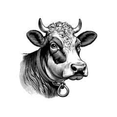 Monochrome engraved vintage drawing of dairy cattle head closeup with collar strap vector illustration isolated on white background