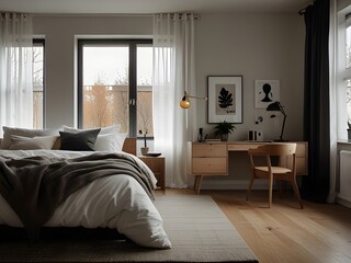 Scandinavian bedroom with functional furniture and cozy textiles, generative AI