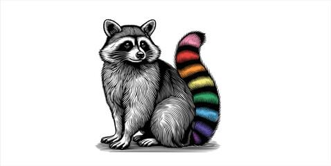 vintage black and white engraved drawing of raccoon sitting with colorful rainbow tail vector illustration isolated on white background © jolygon
