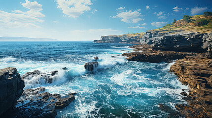 Contemporary Cliffs Wide Sky Rough Waves Landscape Background