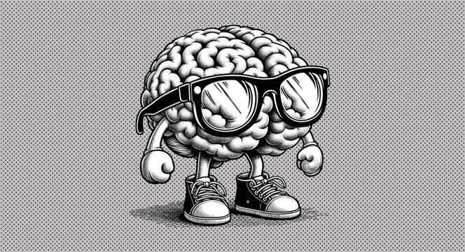 Monochrome engraved retro drawing of brain cartoon character with glasses glove and canvas shoes vector illustration isolated on gray halftone dot background