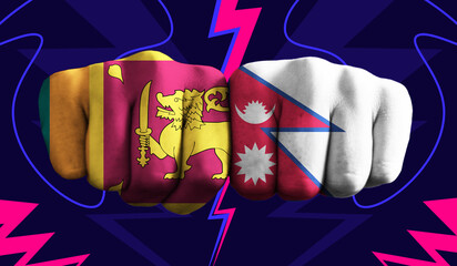 Sri Lanka VS Nepal T20 Cricket World Cup 2024 concept match template banner vector illustration design. Flags painted on hand with colorful background