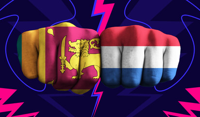 Sri Lanka VS  Netherlands T20 Cricket World Cup 2024 concept match template banner vector illustration design. Flags painted on hand with colorful background