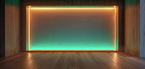 Sleek, empty room with a wooden frame lit by a jade green light border and wooden floor.