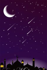 mosque silhouette in night sky with crescent moon and star