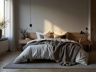Scandinavian bedroom with functional furniture and cozy textiles, generative AI