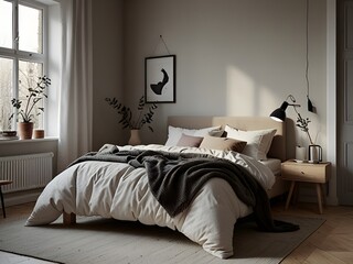 Scandinavian bedroom with functional furniture and cozy textiles, generative AI