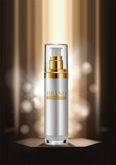 Luxury cosmetic on hexagonal podium with  light effect background . 3d product banner ad . Realistic vector illustration .