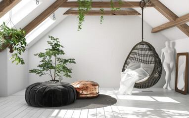 A black and white modern bedroom with an artistic hanging chair, a copper ottoman