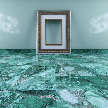 Modern art gallery with a 3D empty frame on a luxurious Verde Patricia marble floor.