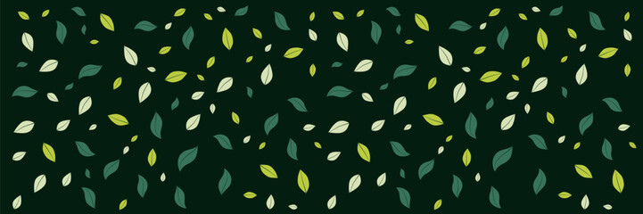Dark green background with a pattern of light green leaves and old leaves, suitable for nature themed designs, renewable energy banners, or environmentally friendly marketing materials