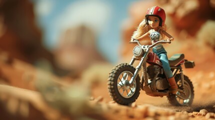 With each twist and turn of the desert trail, the cheerful doll maneuvers her motorcycle with skill and precision, her adventurous spirit guiding her through the rugged terrain with ease.