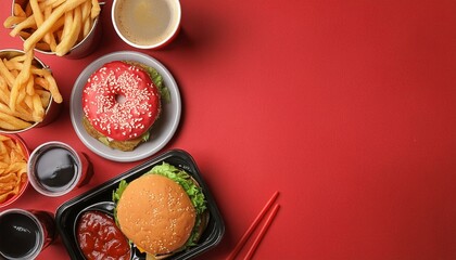 Different fast food on red background, flat lay. Space for text