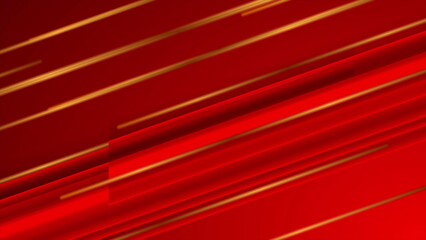 Bright red smooth stripes and golden lines abstract background