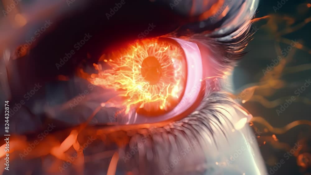 Poster a closeup of a persons eye with glowing energy flowing directly into the neural pathways within..
