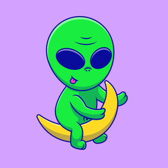 Cute Alien Sitting On Crescent Moon Cartoon Vector Icons Illustration. Flat Cartoon Concept. Suitable for any creative project.