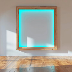 Modern wooden frame with a cerulean light border in an empty room with a wooden floor.