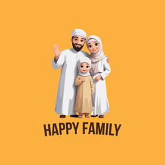 happy Muslim family illustration. family characters of different generation. Arab men in keffiyeh, women and girls in hijab, kids, student and old persons, vector illustration