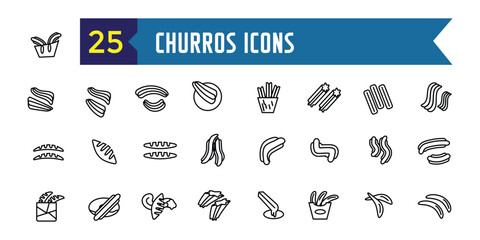 Churros icons set outline vector. Mexican chocolate. Churro food. Outline icon collection. Editable stroke.