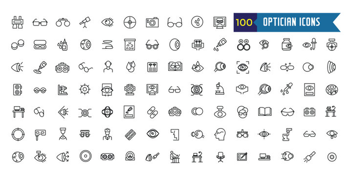 Optician icons set. Outline set of optician vector icons for ui design. Outline icon collection. Editable stroke.