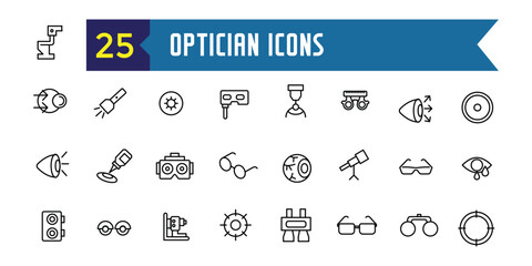 Optician icons set. Outline set of optician vector icons for ui design. Outline icon collection. Editable stroke.