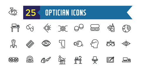 Optician icons set. Outline set of optician vector icons for ui design. Outline icon collection. Editable stroke.
