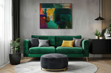 A stylish green sofa in an elegant living room, complemented by abstract art on the wall and contemporary decor elements like black sideboards, gold coffee table legs, pink pillows, plants, grey walls