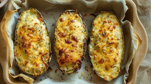 Baked ostiones with cheese, top view. Generative Ai