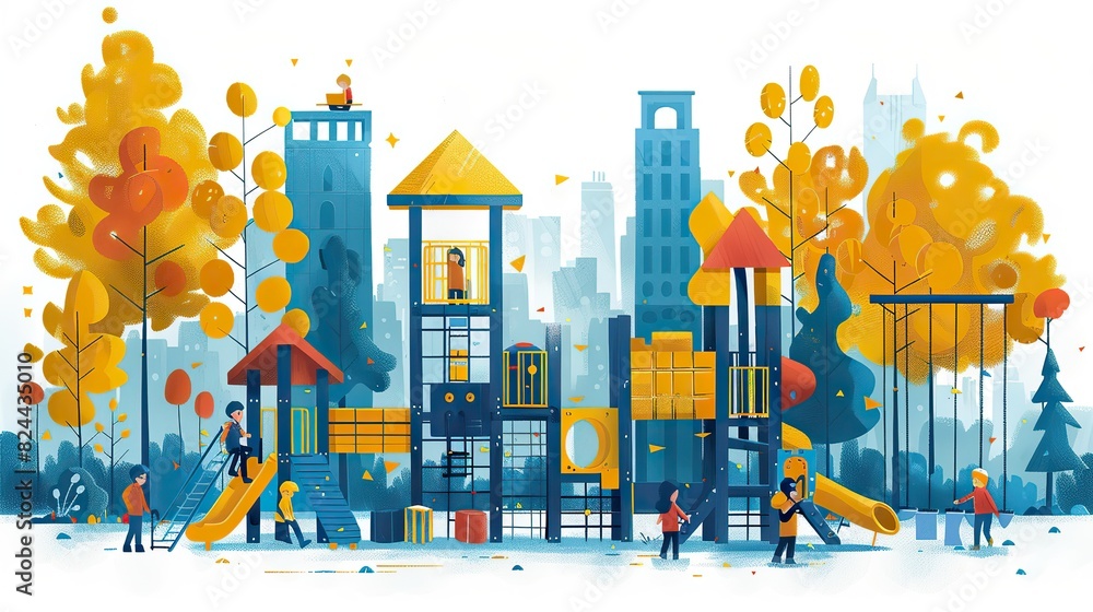 Poster an illustration of a community building a playground together, symbolizing creating shared spaces th