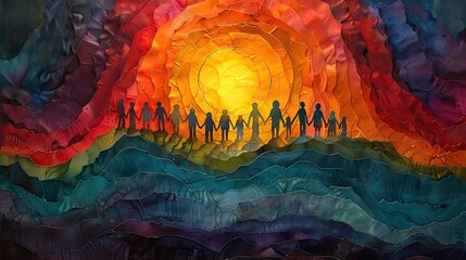 A painting of a sunrise with people holding hands, representing a new dawn through collective effort. stock photo