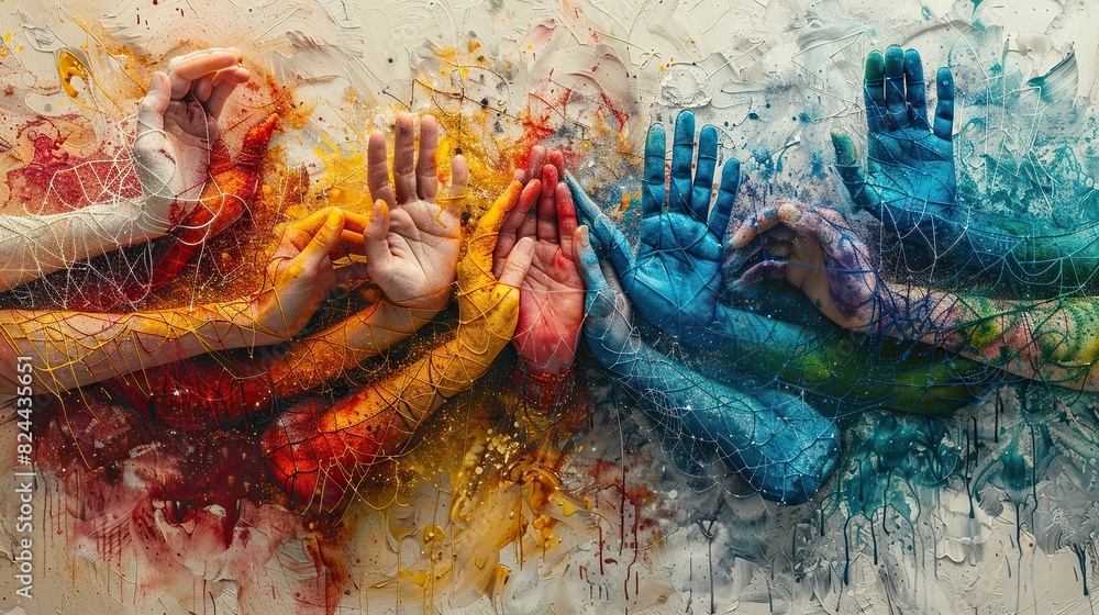 Poster a drawing of hands weaving a network, symbolizing interconnected teamwork. stock image