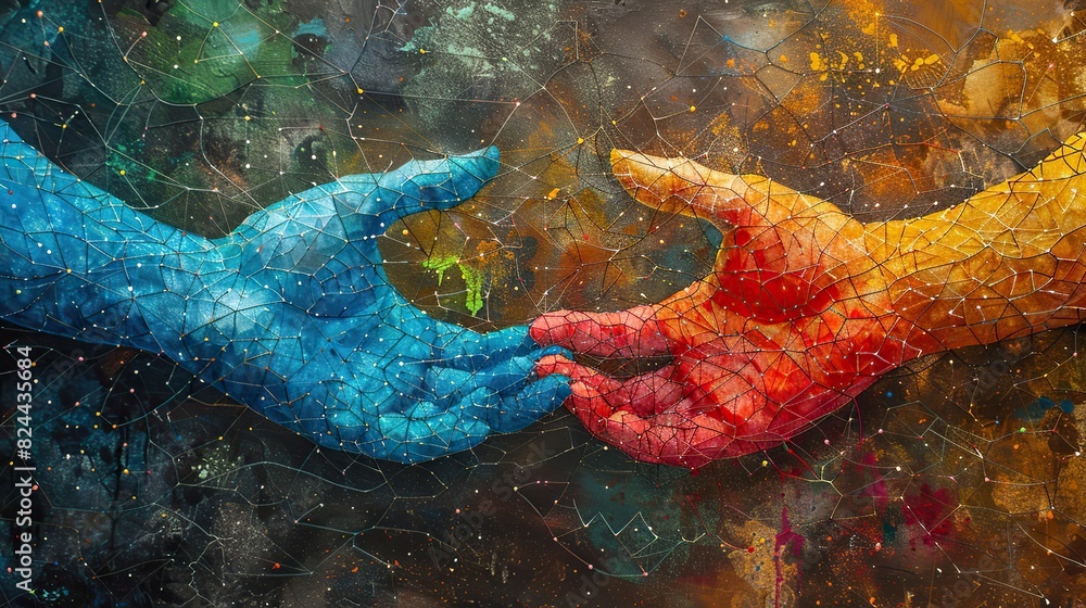 Poster a drawing of hands weaving a network, symbolizing interconnected teamwork. image