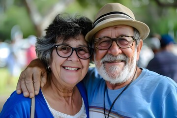 Happy senior retiree caucasian couple elderly man and woman on sunny spring day outdoors smiling at camera