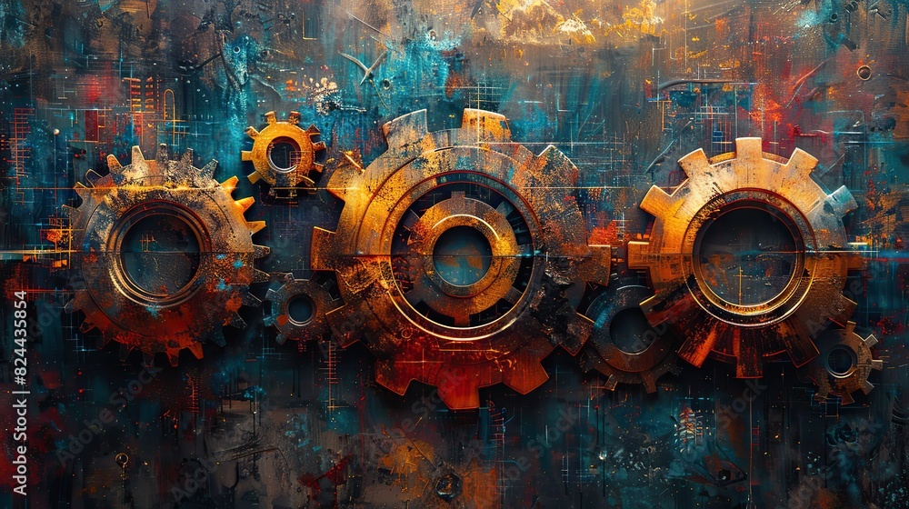 Aufkleber an abstract painting of gears meshing perfectly, symbolizing synchronized teamwork. stock image