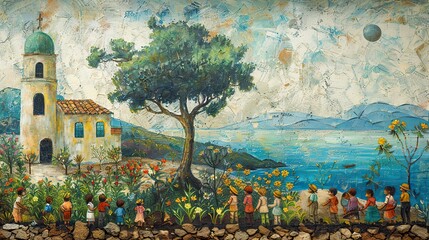 A painting of a community working together to plant trees, symbolizing collective effort in environmental growth. stock image