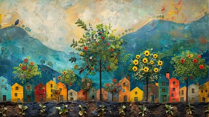 A painting of a community working together to plant trees, symbolizing collective effort in environmental growth. image