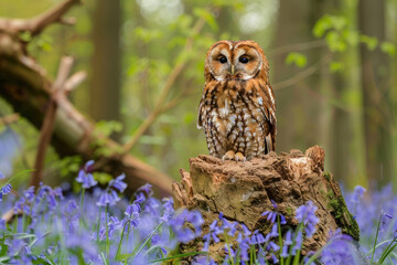 A tawny owl sitting on an old tree trunk in the middle of bluebells