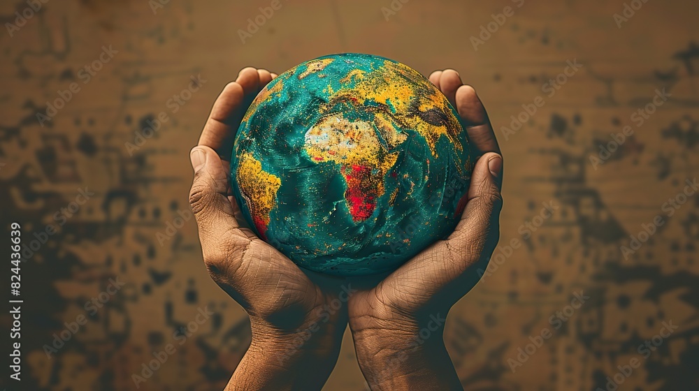 Poster an illustration of a globe with hands supporting it, representing global unity and growth. stock pho
