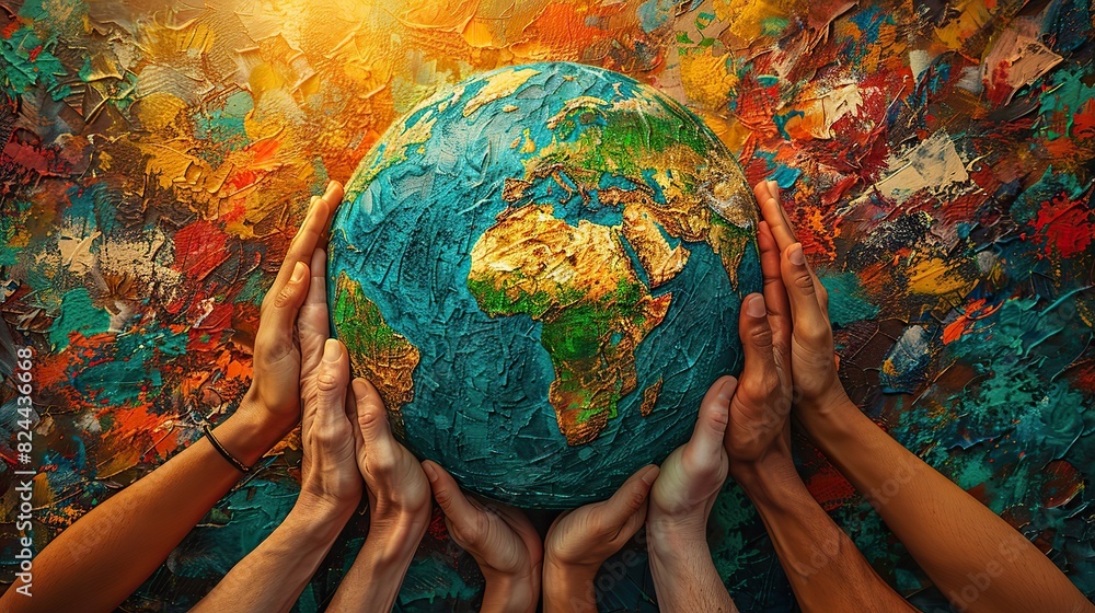 Poster an illustration of a globe with hands supporting it, representing global unity and growth. image