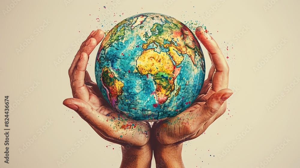 Poster an illustration of a globe with hands supporting it, representing global unity and growth. stock ima