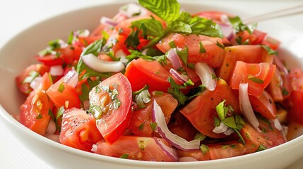 bowl of fresh tomato salad with onion on white background. Generative Ai