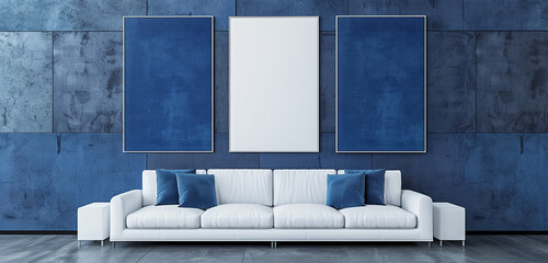 Contemporary gallery with three blank deep blue canvases and white sofa, high-definition 3D render.