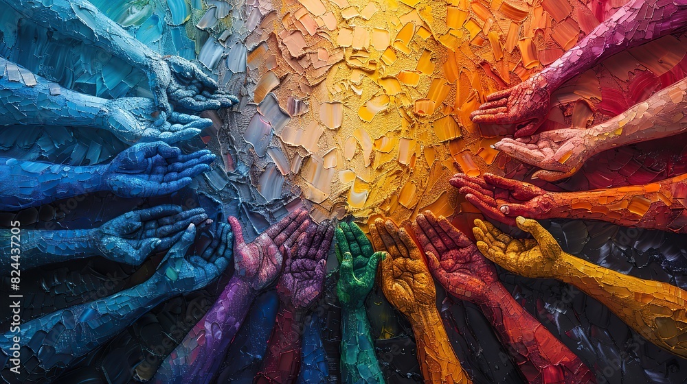 Aufkleber an abstract depiction of hands weaving a tapestry, symbolizing creating unity through collaborative 