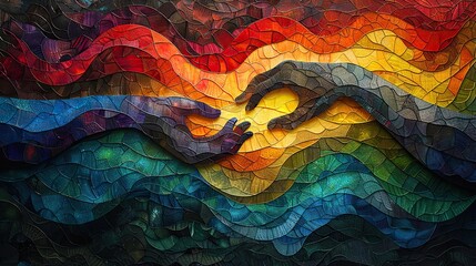 An abstract depiction of hands weaving a tapestry, symbolizing creating unity through collaborative effort. image