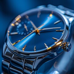 Stainless steel wristwatch, luxury model, isolated on a royal blue background, with a soft glow, featuring a close-up of the face