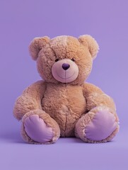 Obraz premium Soft plush teddy bear, beige, isolated on lavender background, sitting position, cute expression
