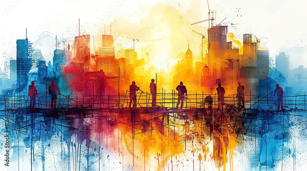 Poster a drawing of people building a structure together, symbolizing creating infrastructure through teamw